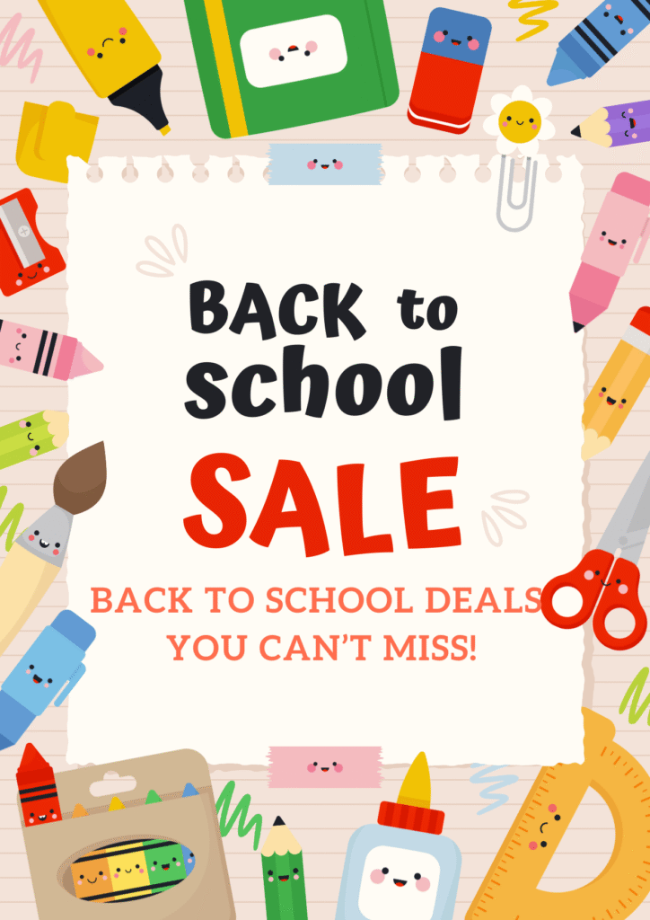 Cheerful back-to-school sale announcement.