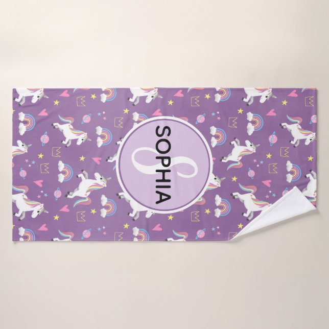 Girls Cute Purple Unicorn Pattern & Name Kids Bath Towel Set - Image 6