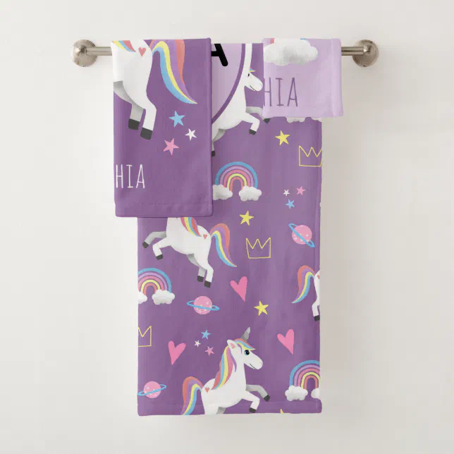 Girls Cute Purple Unicorn Pattern & Name Kids Bath Towel Set