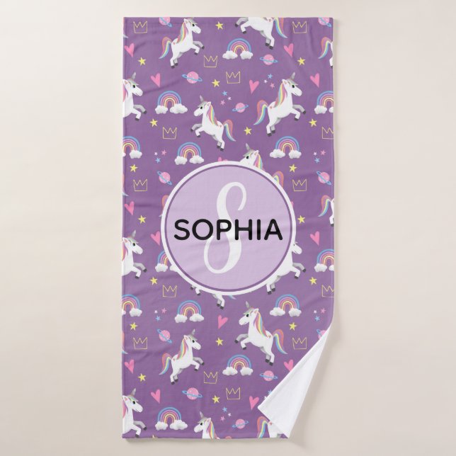 Girls Cute Purple Unicorn Pattern & Name Kids Bath Towel Set - Image 5
