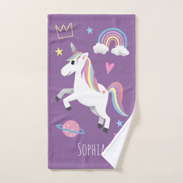 Girls Cute Purple Unicorn Pattern & Name Kids Bath Towel Set - Image 3