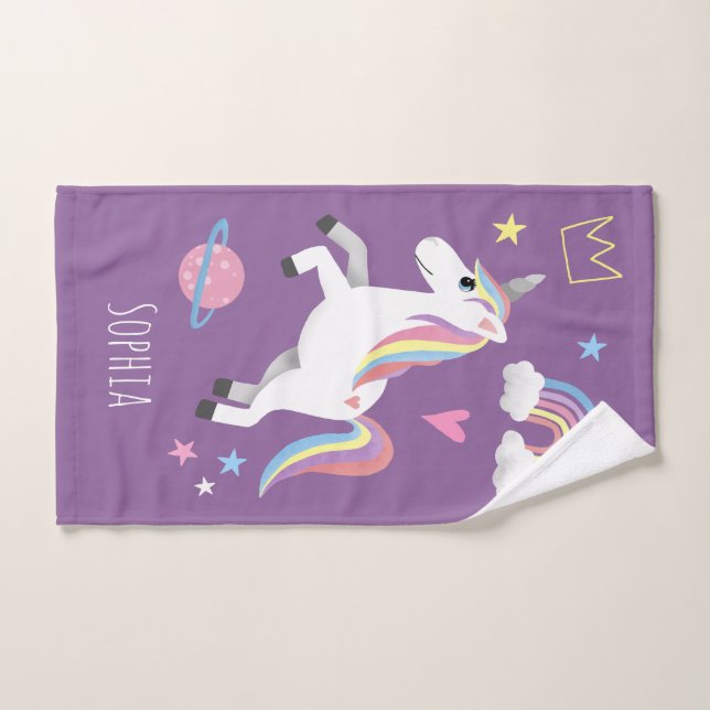 Girls Cute Purple Unicorn Pattern & Name Kids Bath Towel Set - Image 4